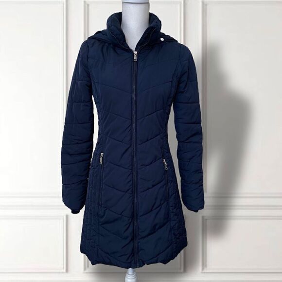 Tommy Hilfiger Navy Blue Mid Length Puffer Jacket Coat W/Hood Sz XXS - Picture 13 of 13